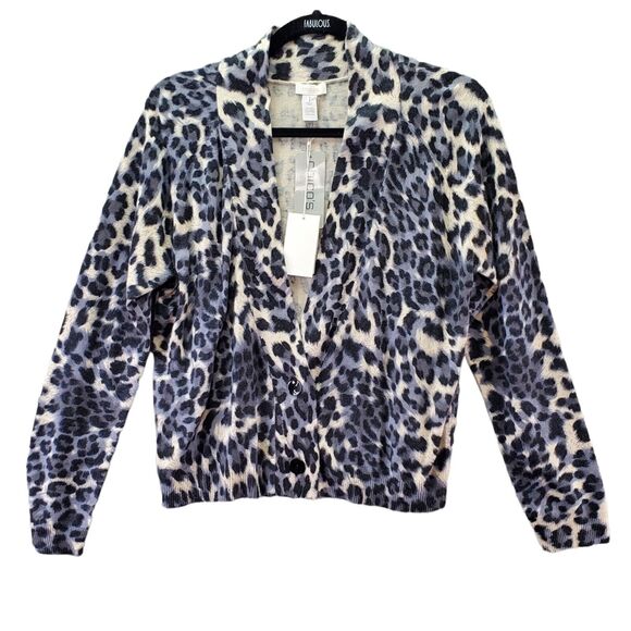 Chico's Wild Sadie Cardigan Sweater 1 Medium Black Gray Leopard Silk Angora NWT - Picture 1 of 7